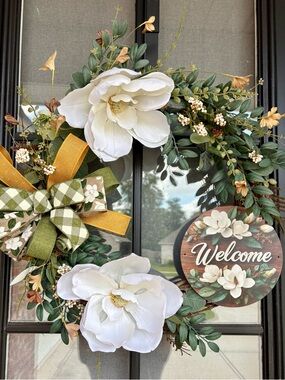 White Magnolia Floral Welcome Wreath with Greenery and Ribbon